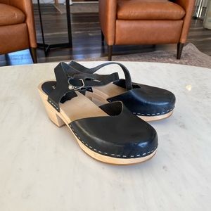 Swedish Hasbeens New Covered Leather and Wooden Clogs